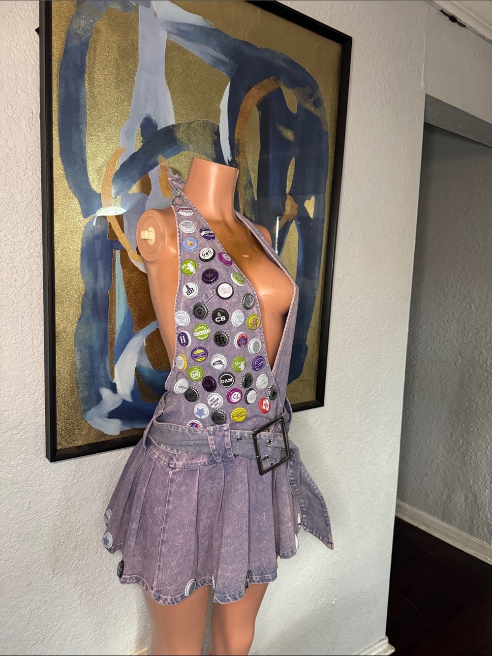Button-Embellished Lavender Denim Mini Dress